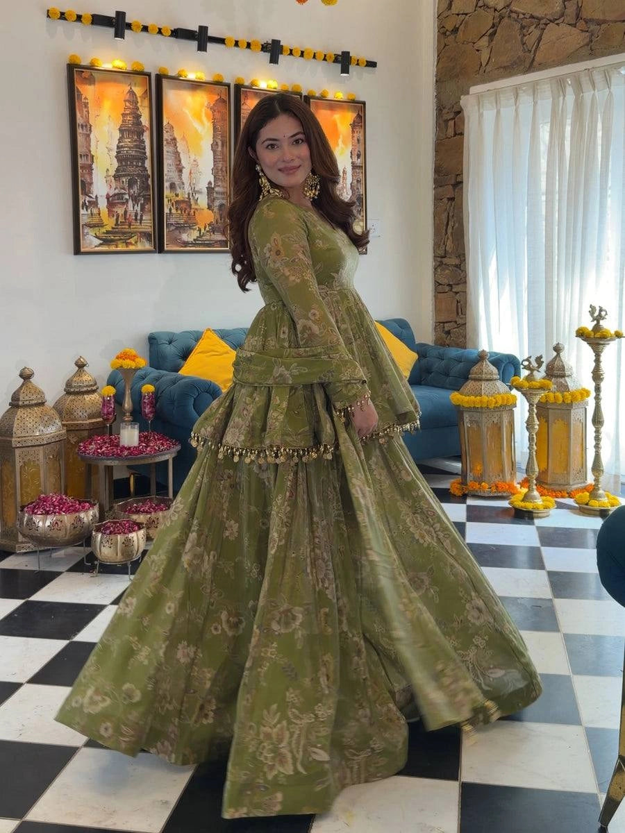 Olive Green Digital Floral Print Suit flared palazzo twirl